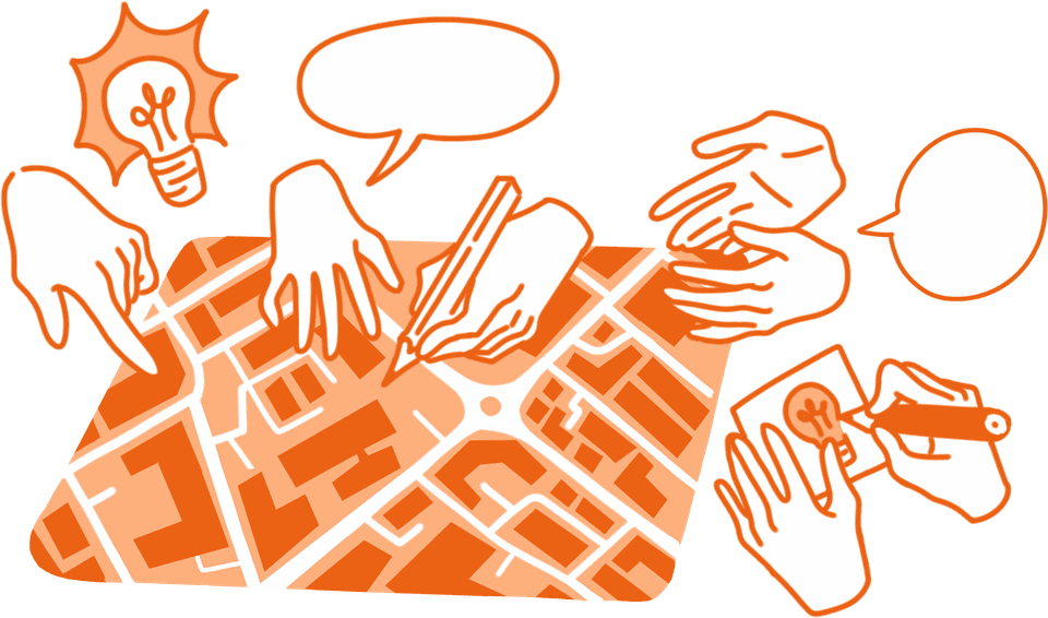 Company profile cover — hand-drawn illustration of hands over a city plan